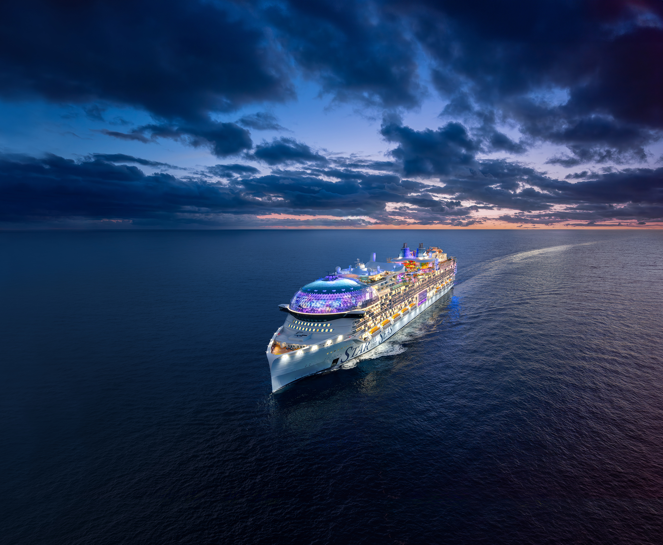 Royal Caribbean Star of the Seas sailing across the ocean at dusk